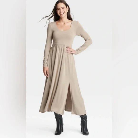 Elegant Tan Long Sleeve Dress - Picture 1 of 4